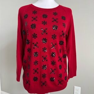 Talbots Festive Red Sweater with Black Sequin Snowflake Motif Small